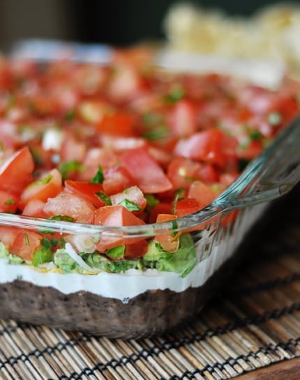 Glass 9x13 full of 7 layer dip.