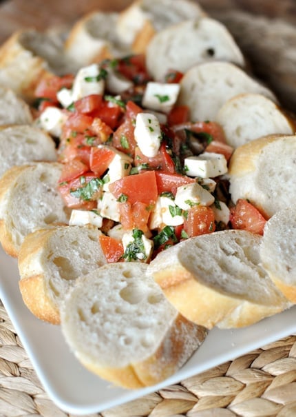 A caprese salad in the middle of a white plate with slices of focaccia bread around the salad.