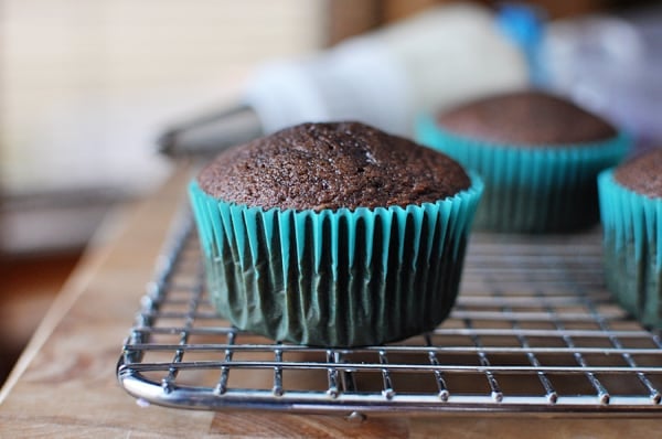 Chocolate cupcakes in blue liners on a cooling rack.