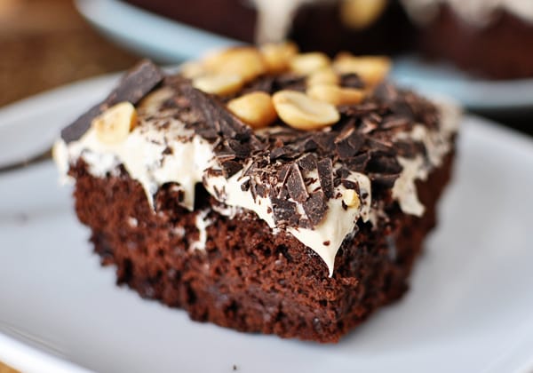 A piece of chocolate cake topped with peanuts, chocolate pieces, and buttercream frosting on a white plate.