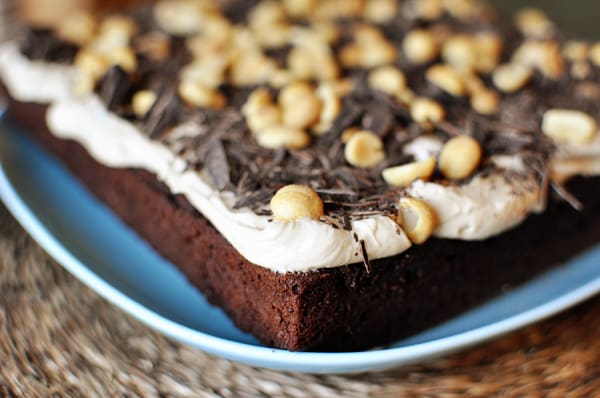 Chocolate cake topped with white buttercream frosting, chocolate, and peanuts. 