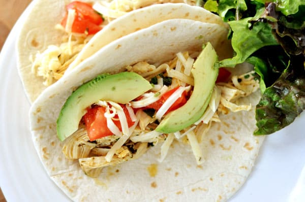 Two soft shell chicken tacos with avocado and tomato on a white plate.