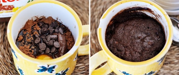 Side by side picture of two mugs, the left one with Nutella mug cake ingredients and the right side with the cooked Nutella cake.