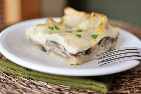 A piece of mushroom white sauce lasagna on a white plate.