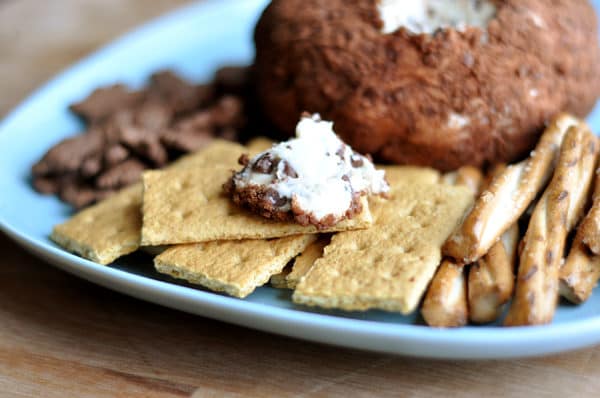 Blue plate with a cocoa dusted cheeseball and graham crackers and pretzel sticks around the side.