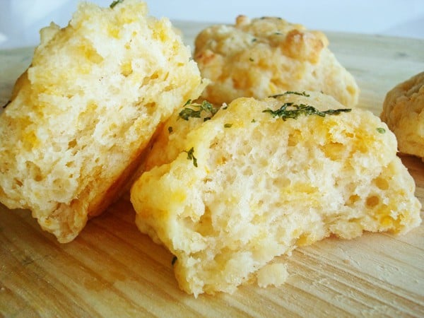 Split open cheddar herb biscuit.