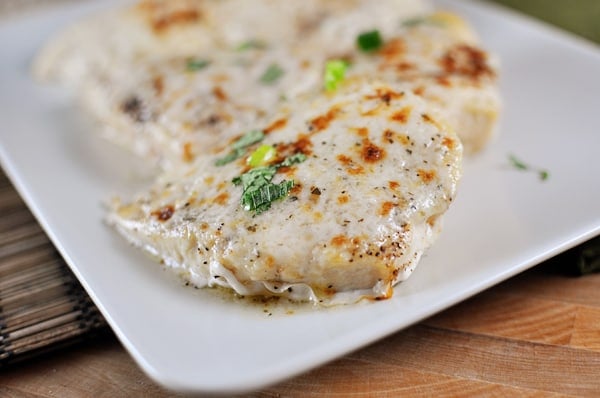 White dish with cooked chicken breasts covered with melted cheese lined up on the plate.