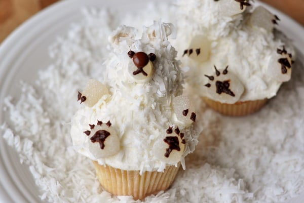 Cupcakes decorated like a polar bear on a plate with shredded coconut.