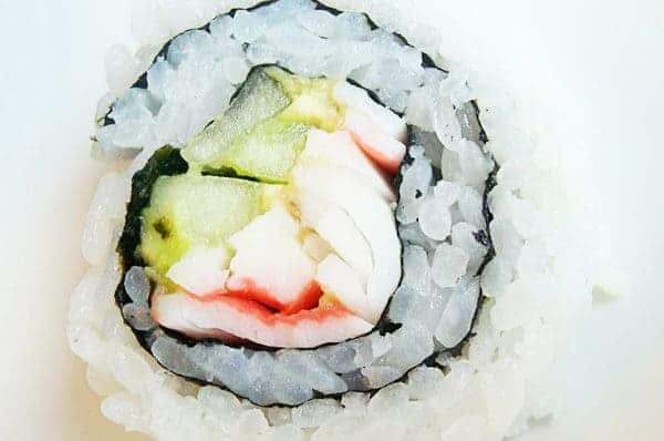 side view of a california sushi roll