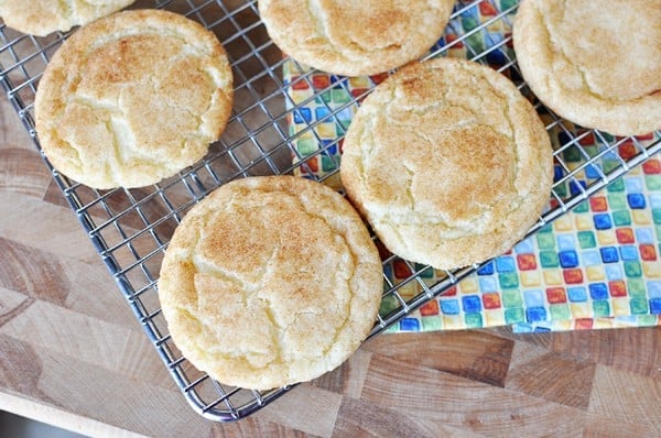 Top view of snickerdoodles on a cooling rack.