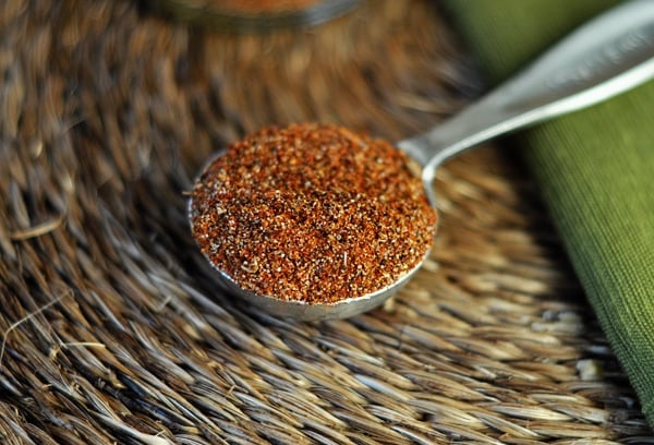 Homemade taco seasoning mix in a tablespoon.