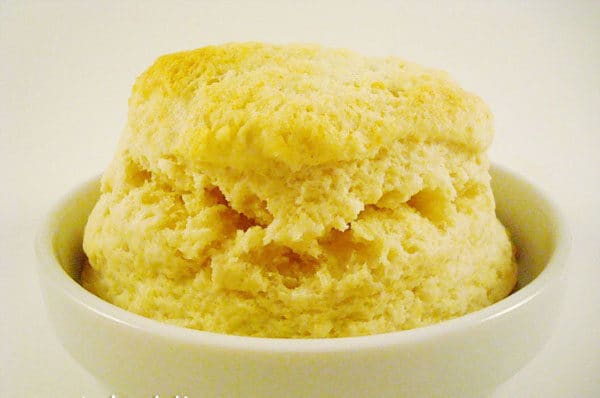Cooked biscuit in a white bowl.