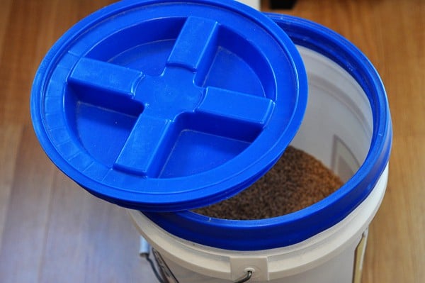 a bucket full of wheat kernels with a blue lid on top