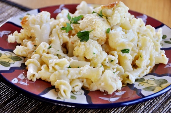 Roasted cauliflower on a colored plate.