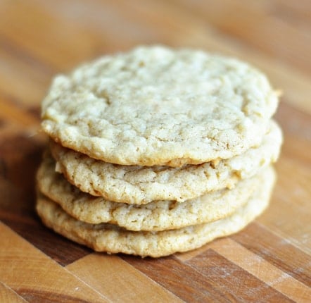 Four oatmeal cookies stacked on top of each other.
