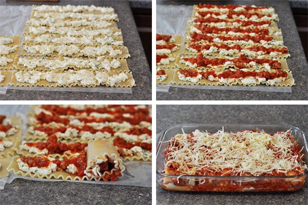 collage of lasagna rolls being put together