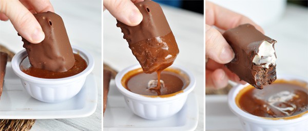 three consecutive pictures of a chocolate ice cream bar first being dipped in caramel sauce, then being lifted out of the sauce, then with a bite taken out