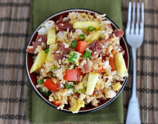 Top view of a bowl of Hawaiian fried rice.