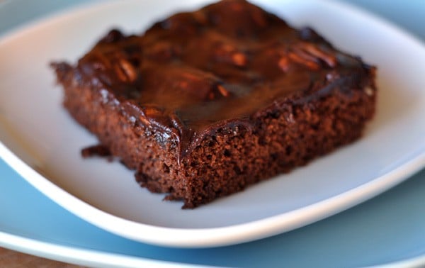 White plate with a slice of chocolate mud cake.