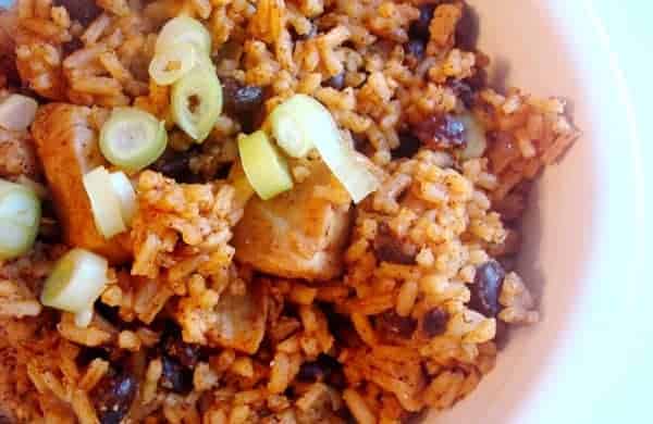 red chile chicken with rice and black beans