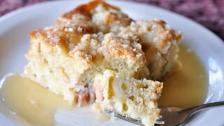 Rhubarb Streusel Cake with Warm Vanilla Sauce