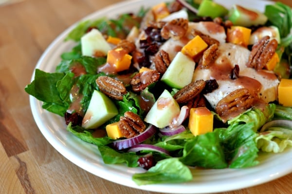 Romaine salad with cheese, chicken, apples, pecans, and red onions on a white plate.