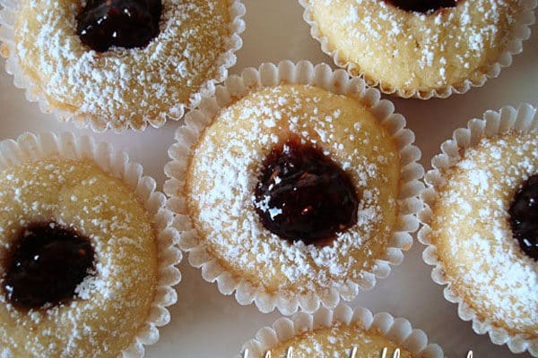 top view of shortbread cookies with jam centers