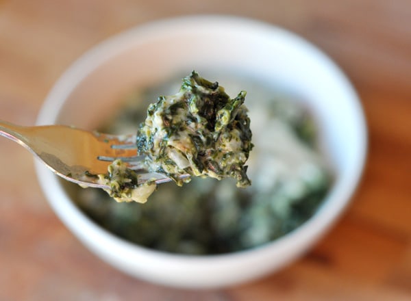 Forkful of creamy cooked spinach over a bowl full of the same spinach gratin.