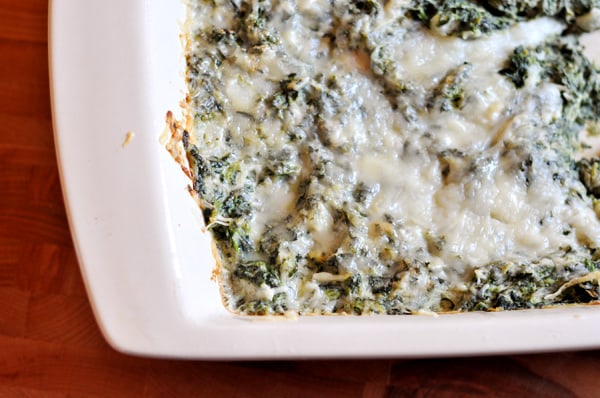 White casserole dish of creamy cooked spinach topped with cheese.