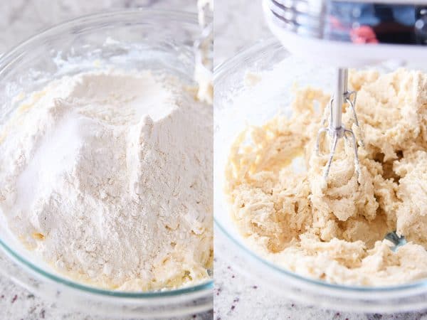 Mixing cookie batter for sugar cookie bars in a glass bowl.