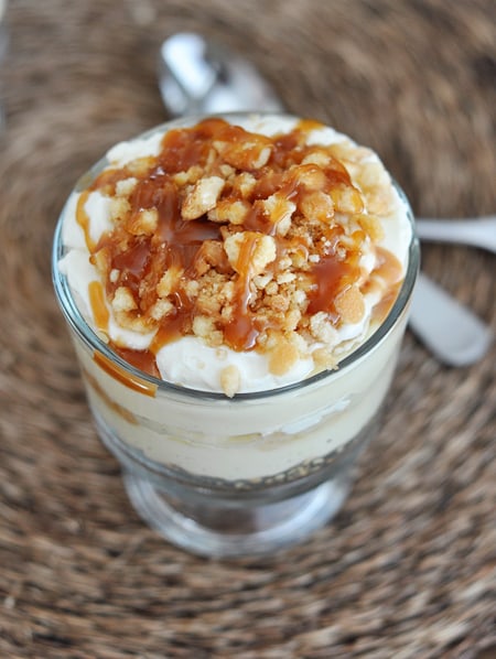 top view of a caramel drizzed banana pudding trifle