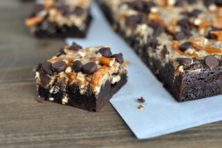 Pretzel and Toffee Peanut Butter Chocolate Brownies