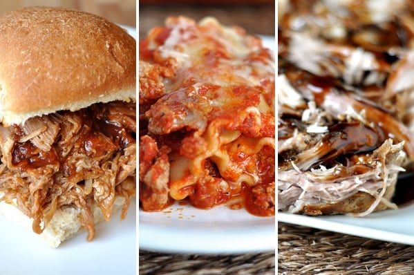three side-by-side pictures of a beef sandwich, helping of lasagna, and shredded beef