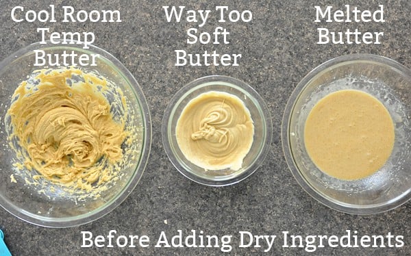 three glass bowls with melted butter ready for dry ingredients for cookies