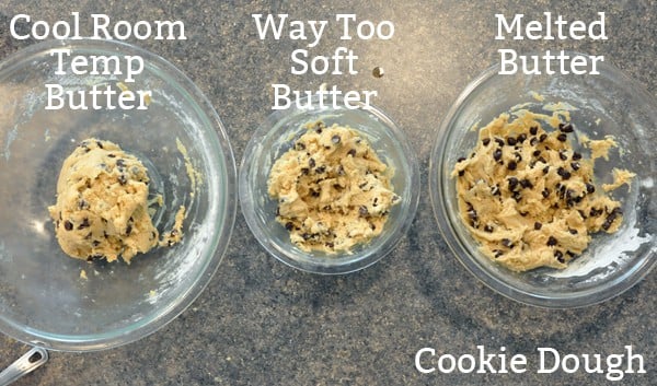 three glass bowls of chocolate chip cookie dough with different consistencies