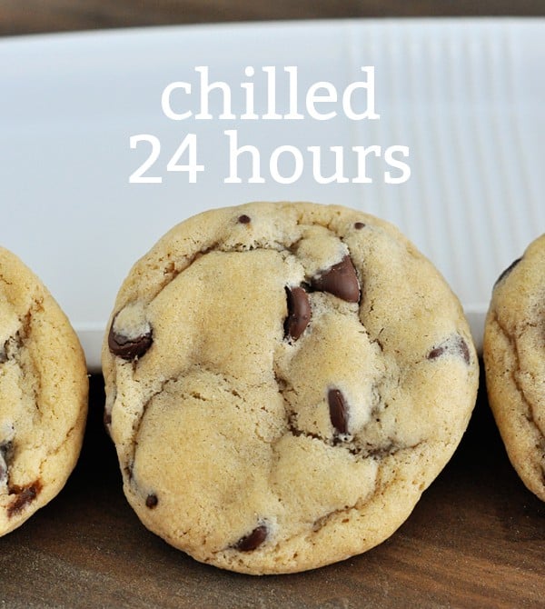 top view of a chocolate chip cookie with the text chilled 24 hours over the top