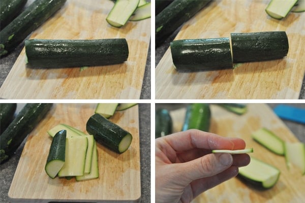 four pictures of the steps of cutting up a zucchini in skinny strips