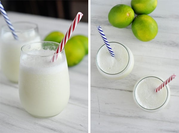 A side view and top view of glasses of lemonade with striped colored straws in them and limes beside the glasses.