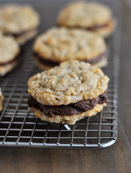 Fudge filled cookies cooling on a cooling rack.