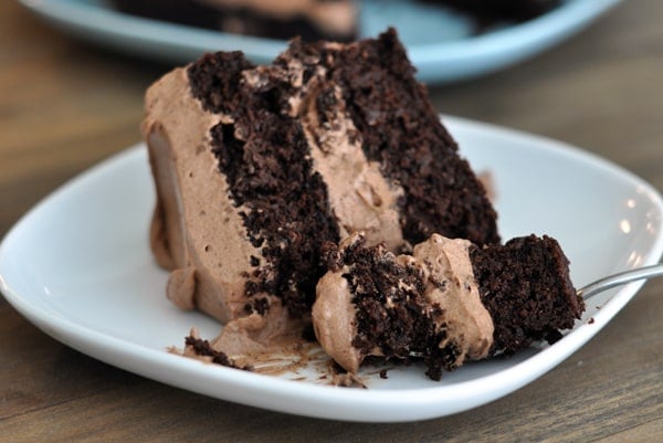 A piece of chocolate cake with two layers of cake and chocolate frosting in the middle and top, on a white plate. 