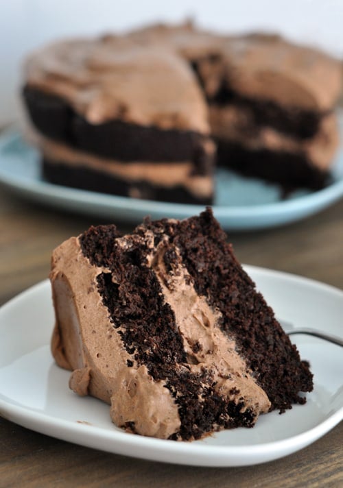 A piece of chocolate cake with two layers of cake and chocolate frosting in the middle and top, on a white plate. 