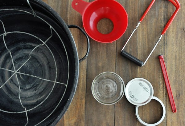 top view of a big pot and canning utensils