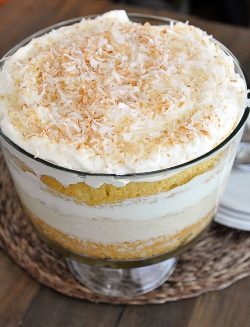 A trifle dish full of coconut tres leches cake.