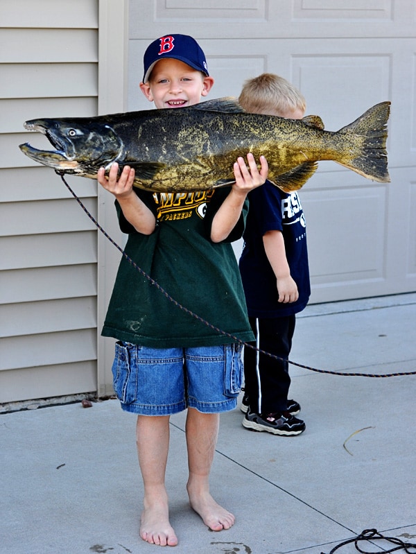 little boy holding a huge fish