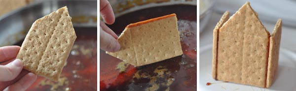 side by side pictures of how to assemble one side of a graham cracker house