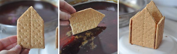 side by side pictures of how to make a graham cracker house