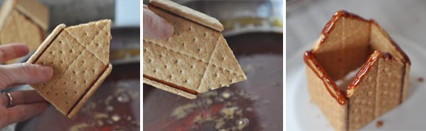 side by side pictures of the base of a graham cracker house being put together