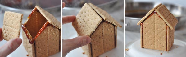 side by side pictures of graham cracker house roofs being assembled
