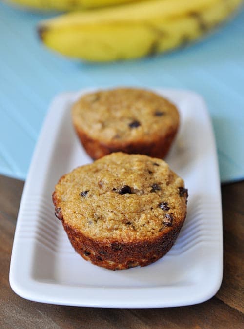 A white rectangular dish with two chocolate chip muffins sitting side-by-side.