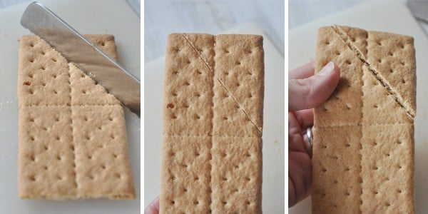 side by side pictures of a sheet of graham cracker being cut to resemble a roof